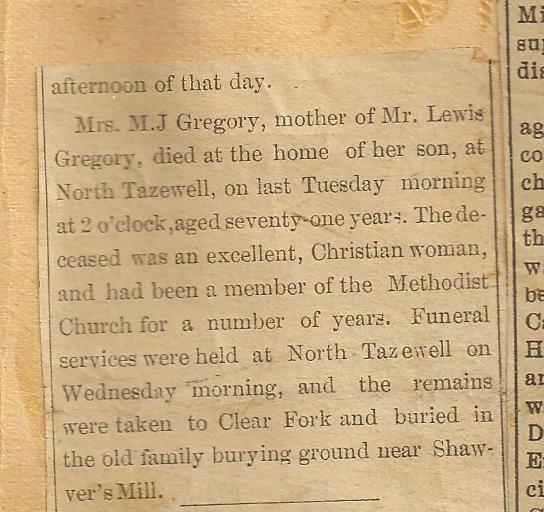OBITUARY Gregory Mary Jane (Daugherty) 1826-1897